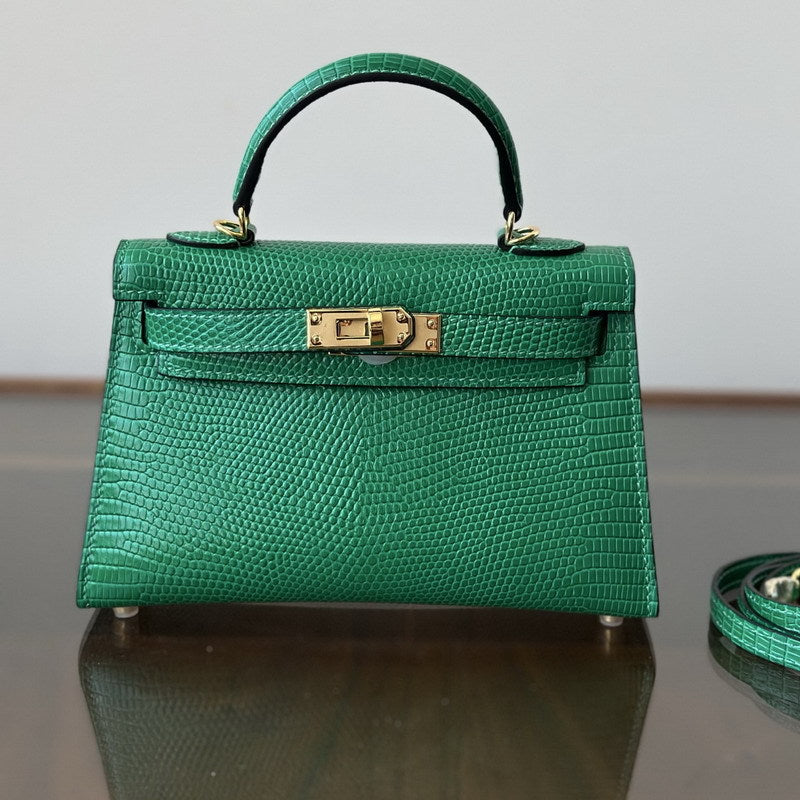 Genuine Leather Lizard-Embossed 2nd Gen Kelly-Style 19cm Bag for Women, Small Square Crossbody Shoulder Top Handle Purse, Trendy Handbag for Ladies