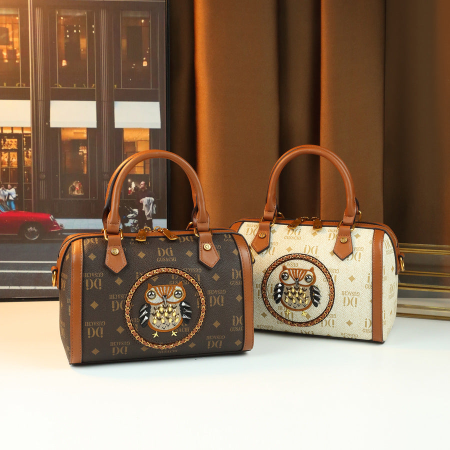 Owl Letter Print Studded Pillow Bag for Women Vintage American Style Shoulder Handbag, Unique Design Purse with Edgy Hardware Accents