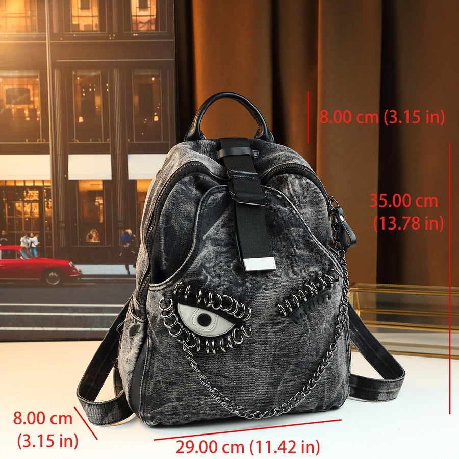 Denim Eye Chain Backpack for Women Large Capacity Casual Shoulder Handbag, Personality Trendy Purse with Edgy Hardware Accent