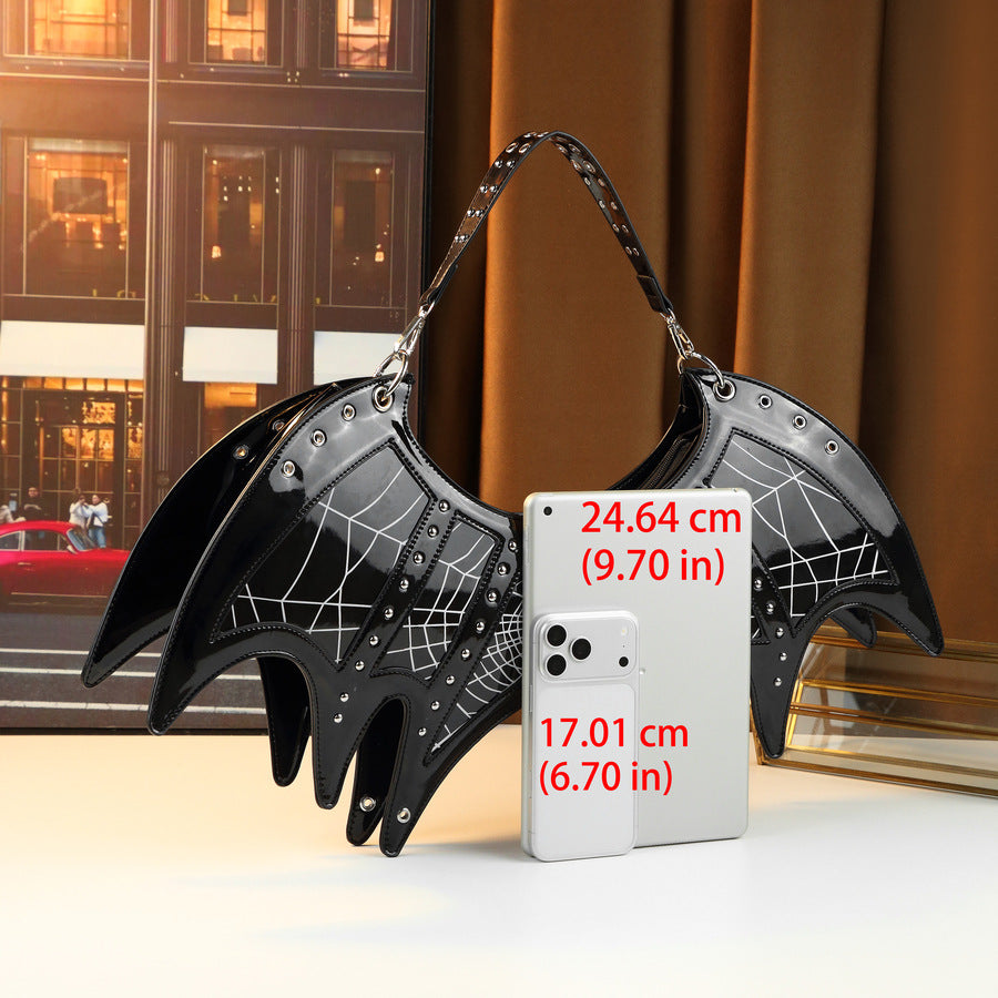 Mirror Bat Wing Bag for Women Halloween Skull Rivet Handbag, Gothic Mirror Metallic Shoulder Crossbody Purse with Unique Bat-Shaped Silhouette