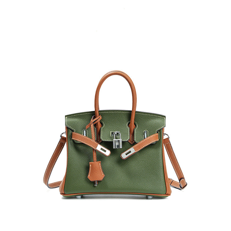 Unique Premium Genuine Leather Crossbody Tote Handbag for Women, Top-Layer Cowhide with Contrast Color Design, Versatile Commuter Bag Inspired by Iconic Turn-Lock Style