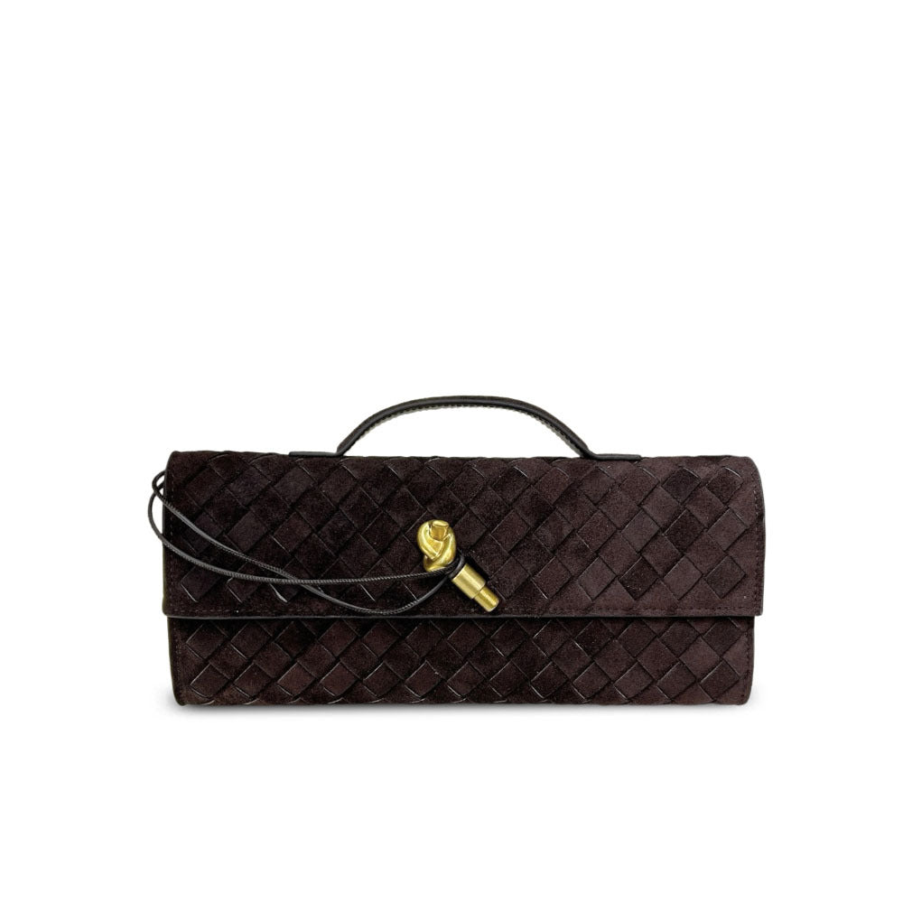 Fall/Winter Matte Suede Woven Evening Clutch, Horizontal Baguette Bag with Latch, High-End Light Luxury for Women
