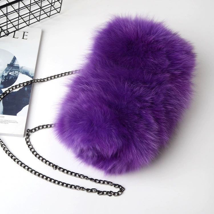 Women's New Fox Fur Chain Bag, Solid Color Shoulder Crossbody Purse with Chain Strap, Trendy Faux Fur Handbag with Fluffy Texture
