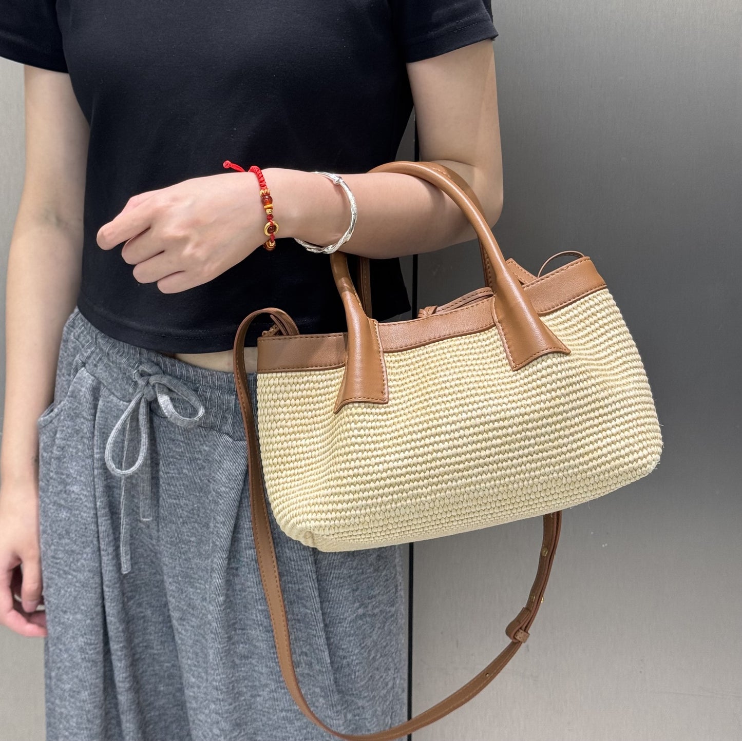 New Small Raffia Woven Basket Tote, Casual Versatile Shoulder & Crossbody Bag for Women