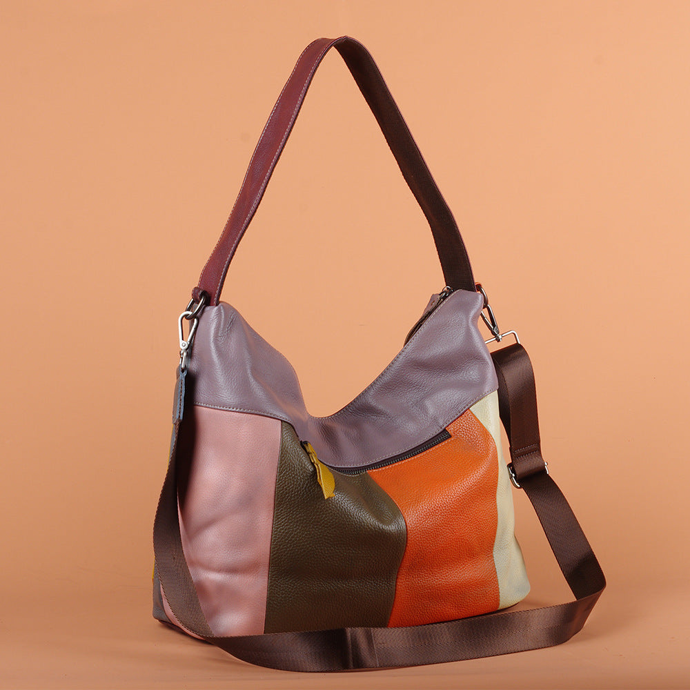 Genuine Top Layer Cowhide Colorful Patchwork Handbag for Women, Handmade Vintage Retro Crossbody Shoulder Purse, Unique Designer Leather Bag for Ladies