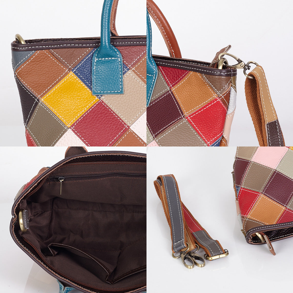 Premium Genuine Leather Colorful Plaid Patchwork Bag for Women | New Quilted Color-Block Top-Handle Shoulder Cross-Body Handbag with Unique Artistic Design | Versatile 3-in-1 Carry Purse for Work, Errands, Travel & Everyday Chic | Trendy Statement Ac