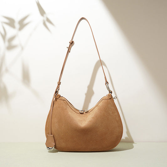 Genuine Suede Crescent Bag for Women, Vintage Light Luxury Minimalist Shoulder Underarm Crossbody Purse, Premium Large Capacity Handbag for Ladies