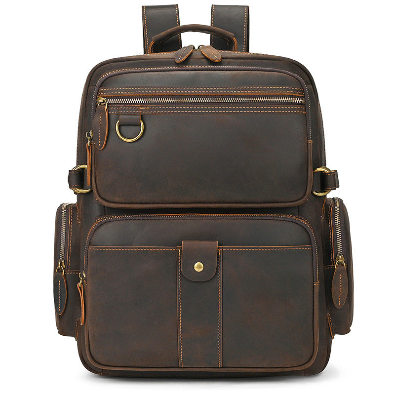 Men's Crazy Horse Leather Backpack Vintage Travel Daypack for Women Students, Genuine Leather Casual Rucksack Large Capacity