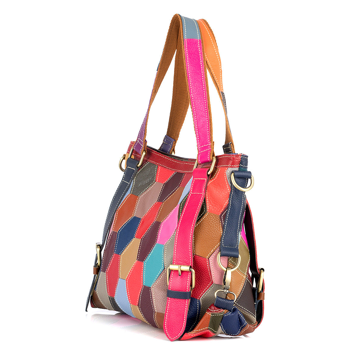 Genuine Leather Multicolor Random Color Block Geometric Patchwork Handbag for Women, Casual Trendy Shoulder Crossbody Tote Purse, Unique Designer Bag for Ladies