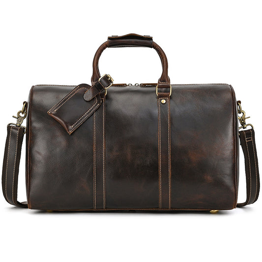 Vintage Crazy Horse Oil Leather 18-Inch Carry-On Travel Duffle, Top Handle Shoulder Luggage Bag, Premium Weekender for Men