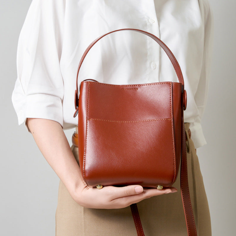Genuine Cowhide Bucket Bag for Women, New Large Capacity Commute Shoulder Crossbody Purse, Premium Summer Leather Handbag for Ladies