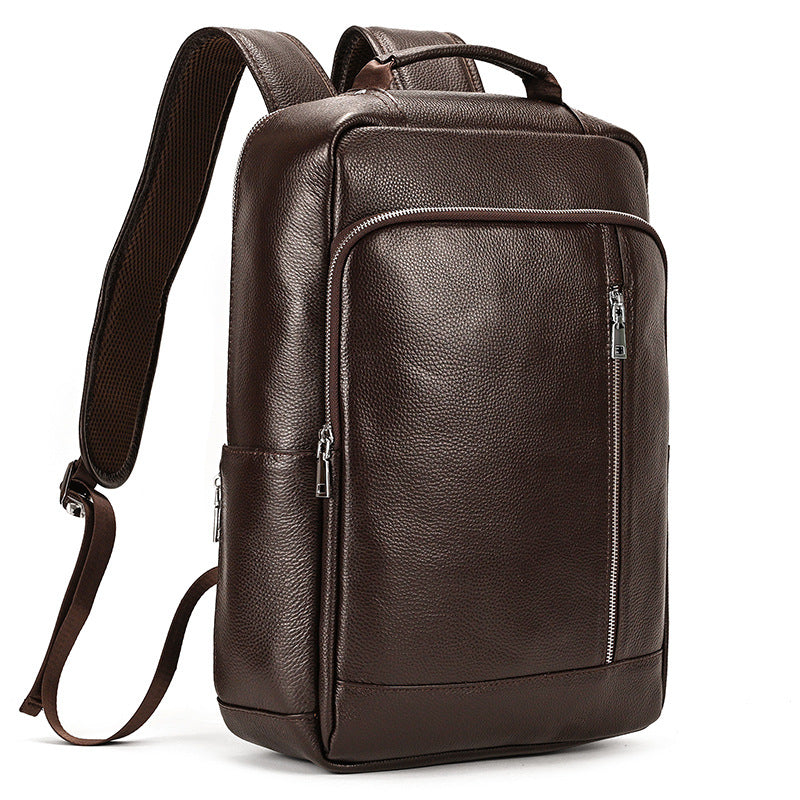 Black Genuine Leather 15-Inch Laptop Backpack with USB Port, Business Commute Daypack, Premium Cowhide School Travel Bag for Men