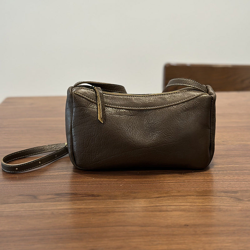 Genuine Top Layer Vegetable-Tanned Cowhide Bag for Women, New Spring Minimalist Brown Yellow Shoulder Crossbody Purse, Small Leather Handbag for Ladies