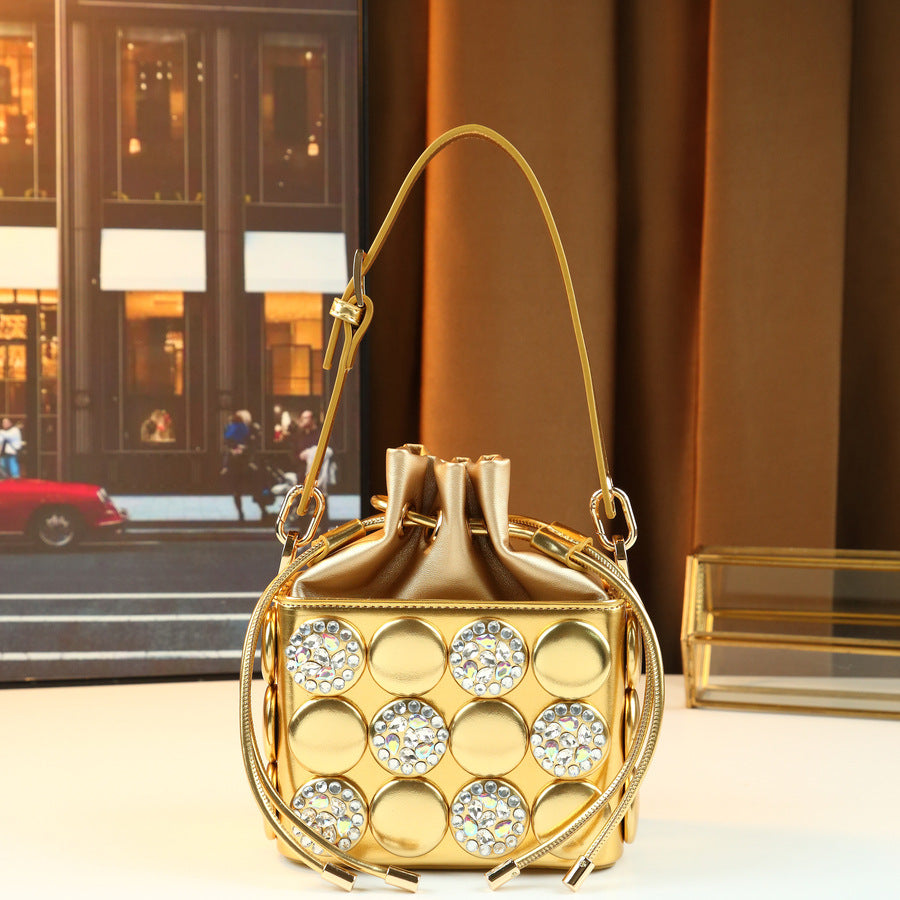Rhinestone Button Cylinder Bag for Women Handmade Embellished Drawstring Shoulder Crossbody Purse, Unique Sparkling Design with Personality Style