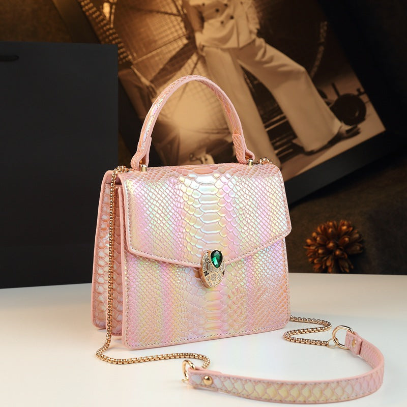Genuine Leather Ostrich-Embossed Snake Head Mini Bag for Women, Light Luxury Accordion Chain Shoulder Crossbody Purse, Elegant Small Square Bestseller for Ladies