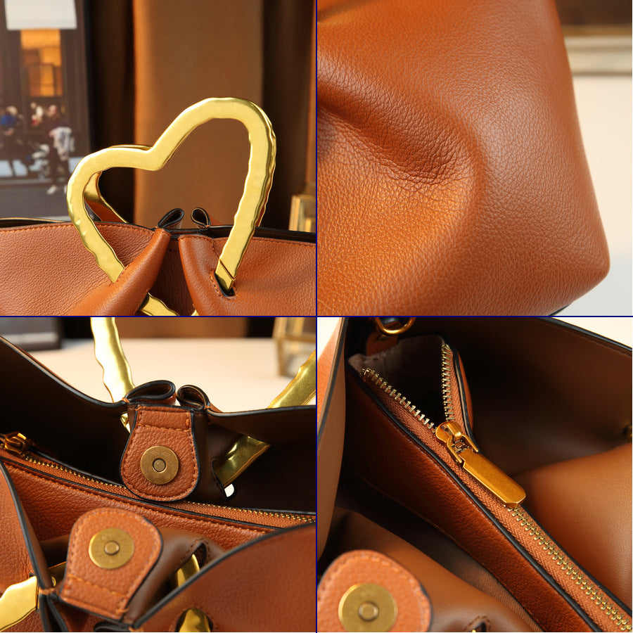 Heart Metal Handle Bucket Bag for Women Soft Leather Pleated Shoulder Crossbody Handbag, Trendy Designer Purse with Romantic Hardware Accent