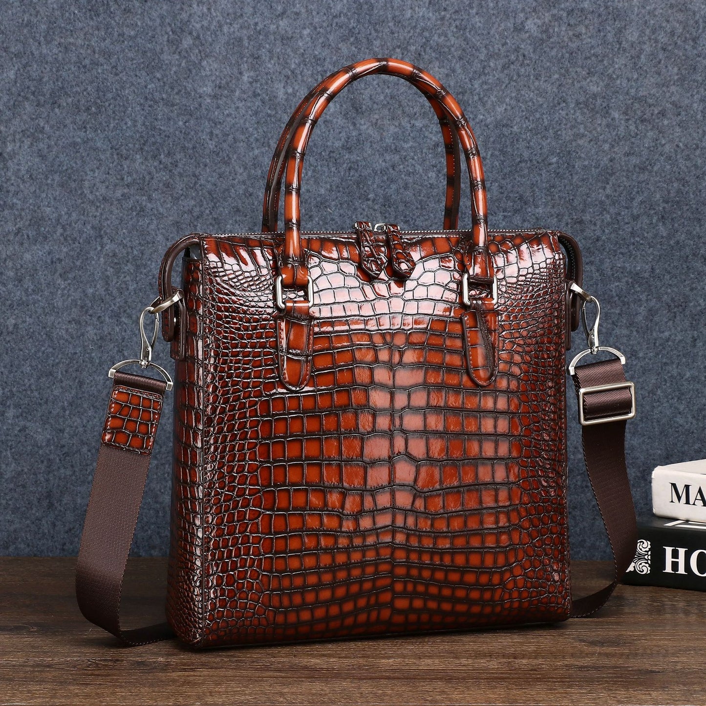 New Arrival Distressed Croc-Effect Men's Business Bag, A Waterproof Silicone Top-Handle Crossbody Shoulder Bag with Trendy Design