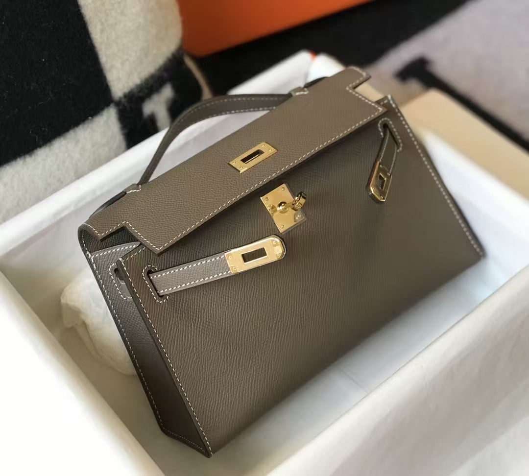Genuine Top Layer Epsom Palm Texture Cowhide Kelly-Style 22cm Bag for Women, Trendy Street Style Small Square Top Handle Purse, Fashionable Handbag for Ladies