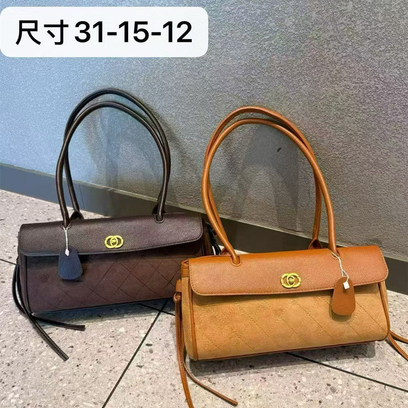 Genuine Leather Chanel-Style Baguette Bowling Bag for Women Light Luxury Shoulder Underarm Handbag, Versatile Commuter Purse with Elegant Design