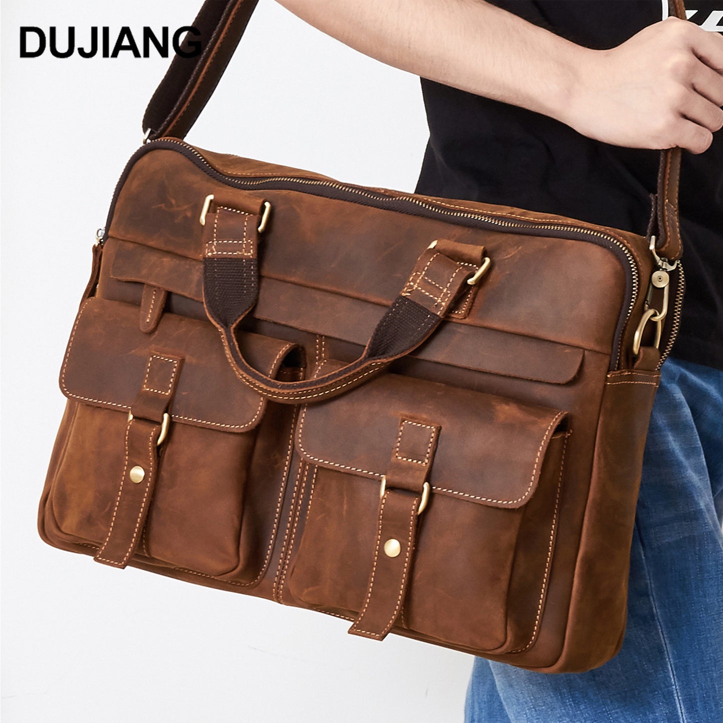 Genuine Crazy Horse Leather Briefcase for Men, Business Commute Top Handle Bag, Multifunctional Laptop Computer Work Bag for Office