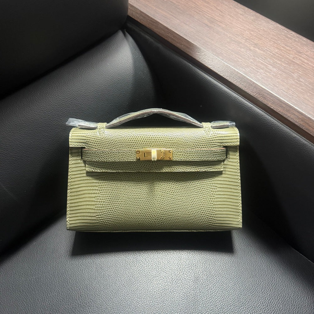 Genuine Top Layer Cowhide Lizard-Embossed Kelly-Style 22cm Bag for Women, Hand-Stitched Waxed Thread with Hand-Hammered Hardware, Lambskin Lining Square Purse with Full Steel Hardware for Ladies