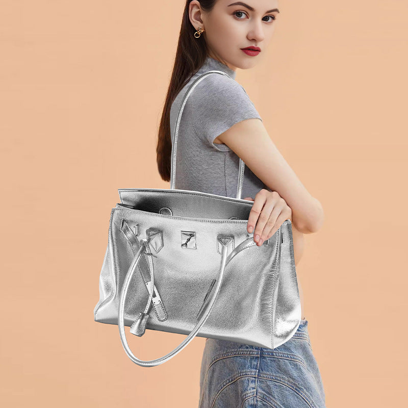 Genuine Cowhide Birkin-Style Tote Bag for Women, Niche Minimalist Design Large Capacity Top Handle Shoulder Purse, Premium Handbag for Ladies