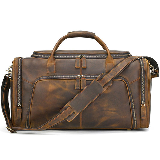 New Vintage Crazy Horse Leather Large Capacity Travel Duffle, Multifunctional Cowhide Luggage Bag, Premium Casual Weekender for Men