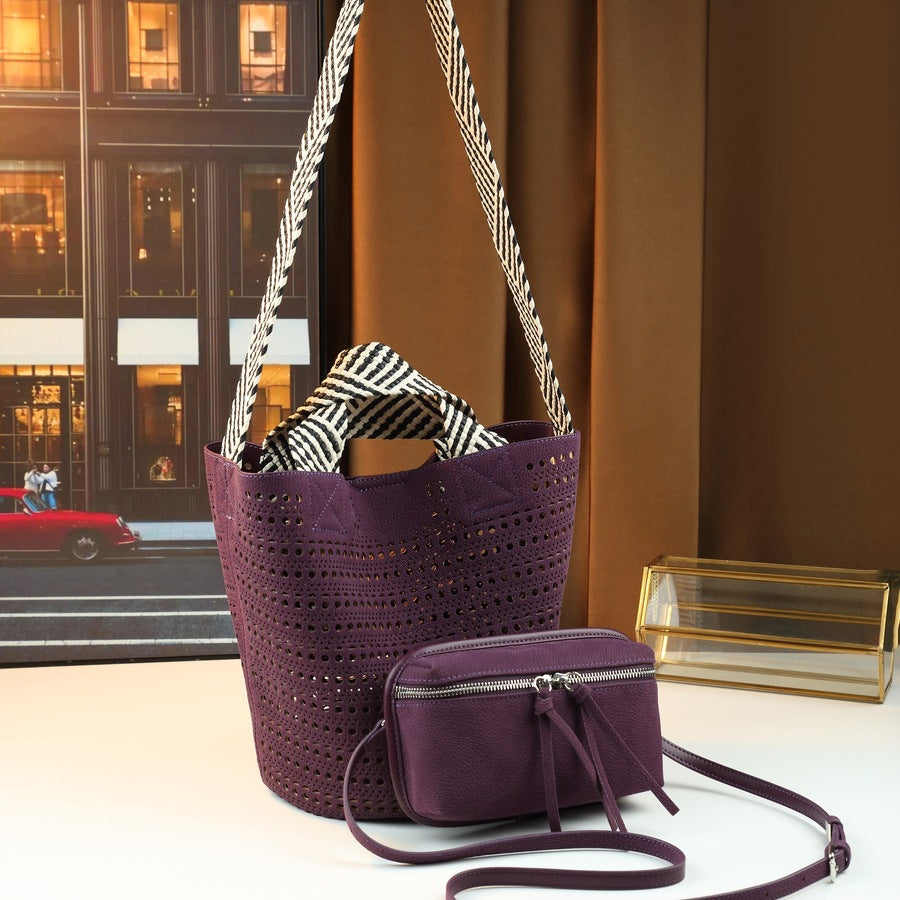 Hollow Woven Bucket Bag Set for Women Lightweight Fall Shoulder Handbag, Versatile Casual Purse with Detachable Sub-Pouch