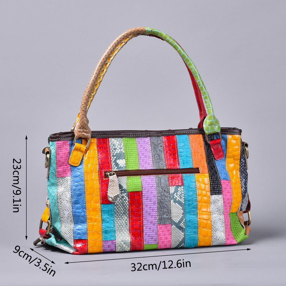 Premium Handcrafted Genuine Leather Bag for Women | Snakeskin Floral Color-Block Design with Trendy Rivet Accents | Unique Statement Shoulder Top-Handle Handbag with Artistic Flair | Versatile Purse for Work, Errands, Travel & Everyday Chic
