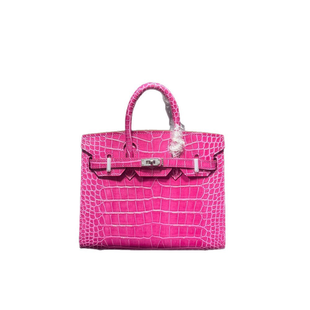 Genuine Top Layer Cowhide Crocodile-Embossed Birkin-Style 25 Bag for Women, External Stitching Hand-Stitched Waxed Thread with Steel Hardware, Lambskin Lining Handbag for Ladies