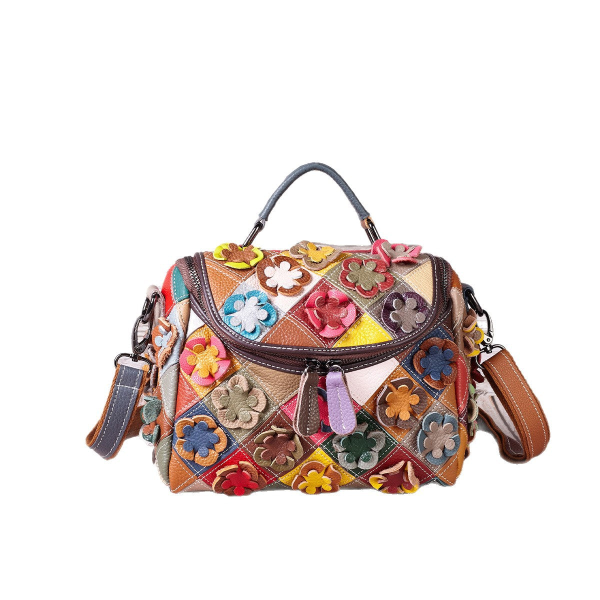 Genuine Top Layer Cowhide Handmade Floral Color Block Patchwork Handbag for Women, New Arrival Top Handle Shoulder Purse, Casual Travel Small Bag for Ladies
