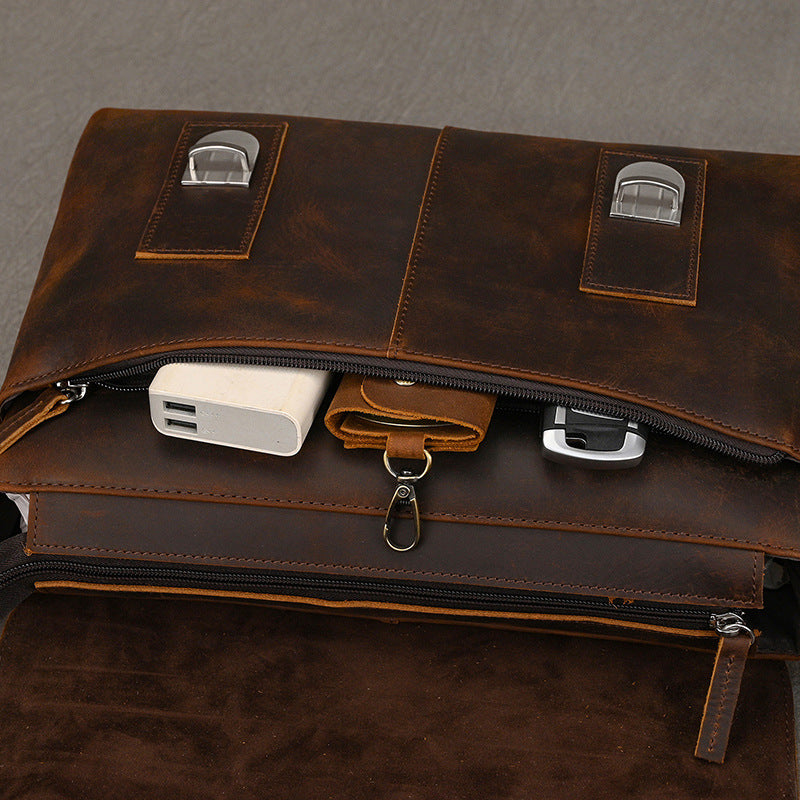 Genuine Top Layer Crazy Horse Cowhide 13-Inch Crossbody Bag for Men, Large Capacity Flap Laptop Briefcase, Casual Work Bag for Gentlemen
