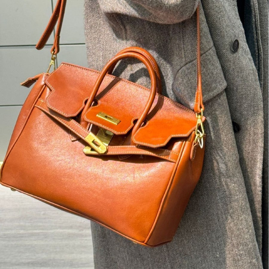 Genuine Top Layer Cowhide Vintage Kelly-Style Bag for Women, Premium Niche Designer Shoulder Crossbody Top Handle Purse, Large Capacity Handbag for Ladies