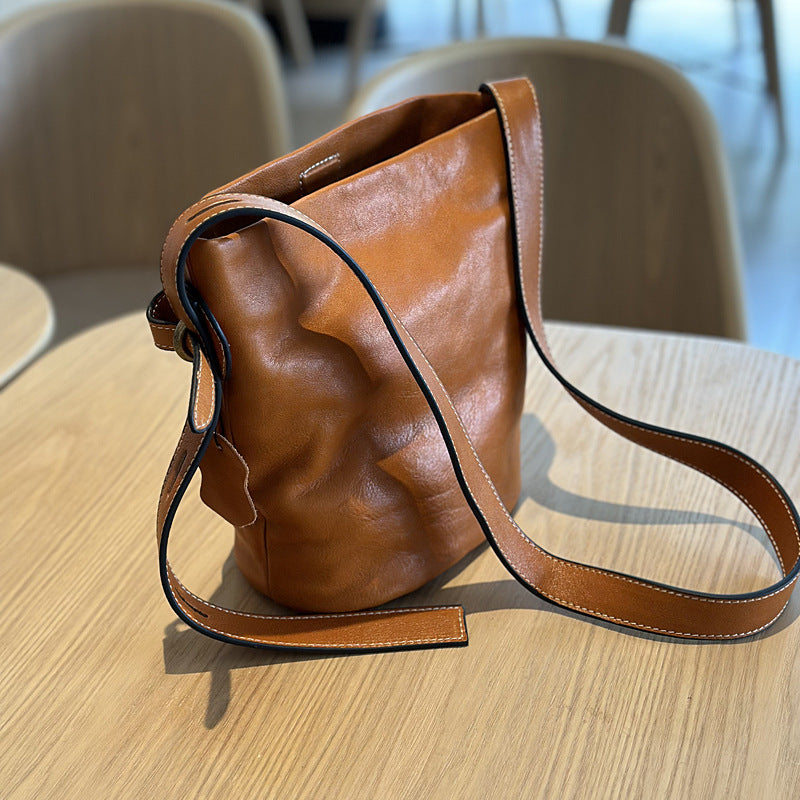 Genuine Top Layer Cowhide Bucket Bag for Women, New Korean Style Vintage Casual Shoulder Crossbody Underarm Purse, Versatile Everyday Handbag for Ladies