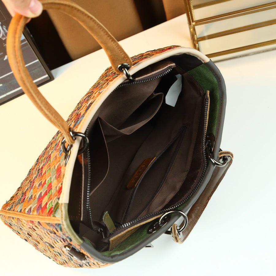 Genuine Leather Woven Square Bag for Women Vintage Style Large Capacity Top Handle Shoulder Crossbody Purse with Artisan Craftsmanship