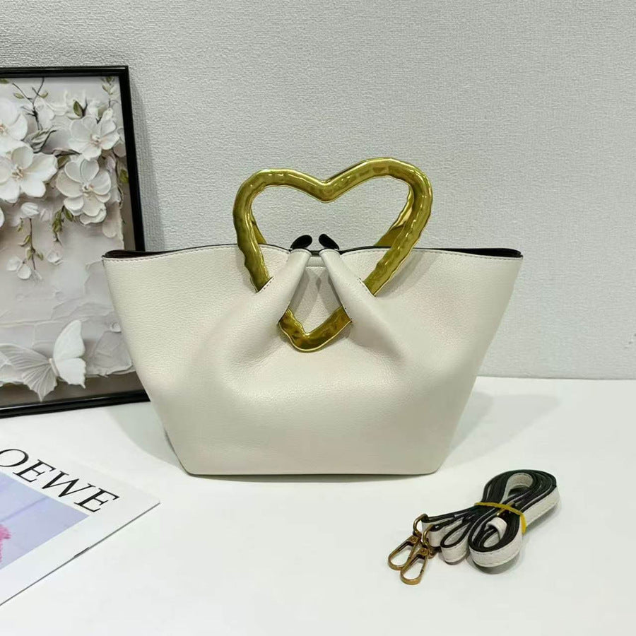 Heart Metal Handle Bucket Bag for Women Soft Leather Pleated Shoulder Crossbody Handbag, Trendy Designer Purse with Romantic Hardware Accent