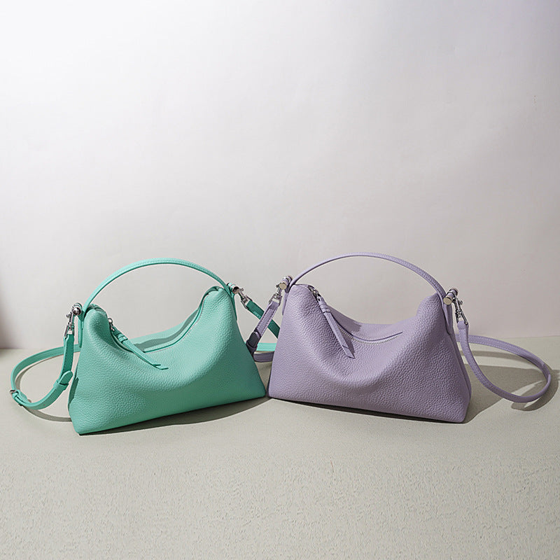Ins Style Candy Color Genuine Leather Bag, Zipper Commute Shoulder Crossbody Purse, Versatile Premium Handbag for Women