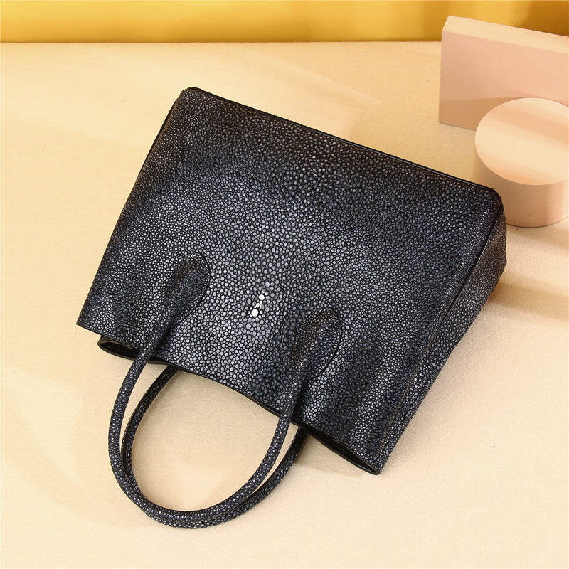 Genuine Leather Pearl Fish Grain Tote Bag for Women Large Capacity Garden Shoulder Handbag, Starry Textured Purse for Banquet & Everyday Style