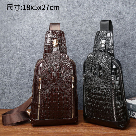 New Arrival Croc-Effect Genuine Leather Chest Bag for Men, A Top-Layer Cowhide Crossbody Shoulder Front Pack with Fashionable Design, Perfect for Outdoor & Casual Use