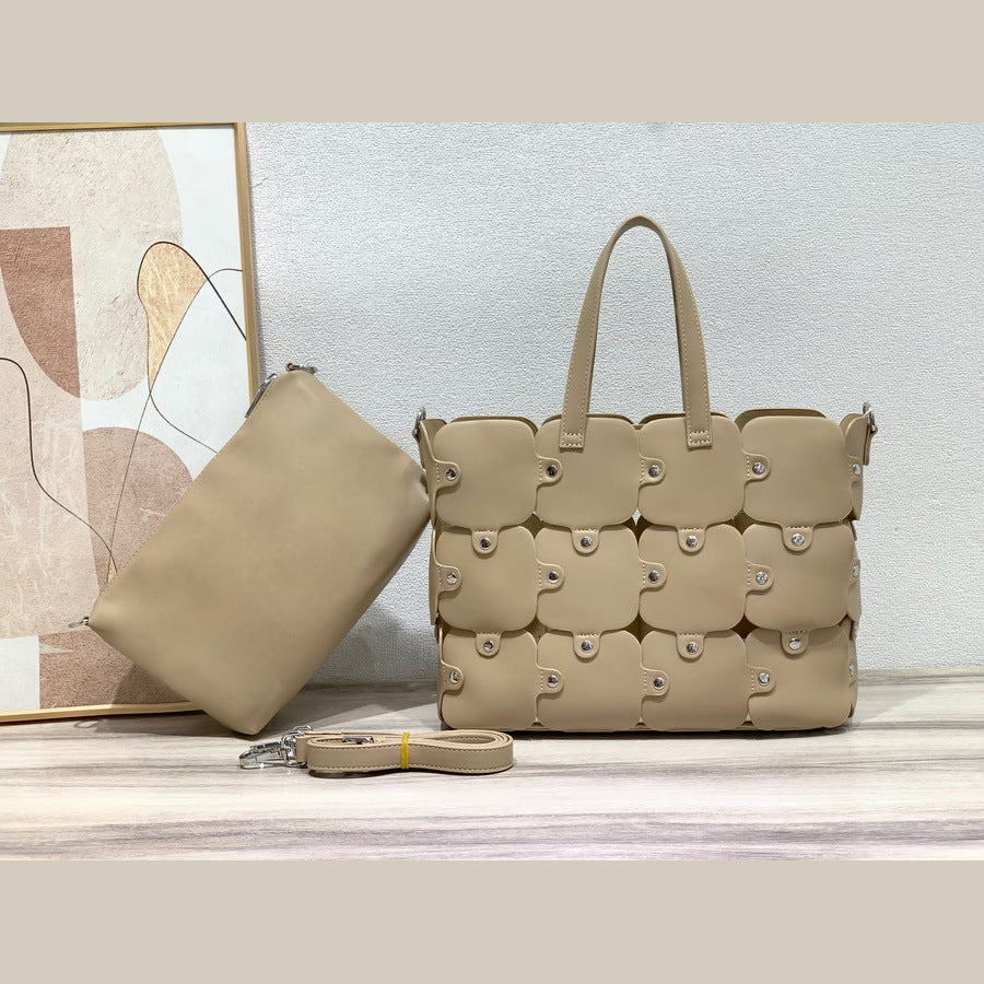 Geometric Patchwork Bucket Bag Set for Women Large Capacity Shoulder Crossbody Handbag, Creative Versatile Purse with Detachable Sub-Bag