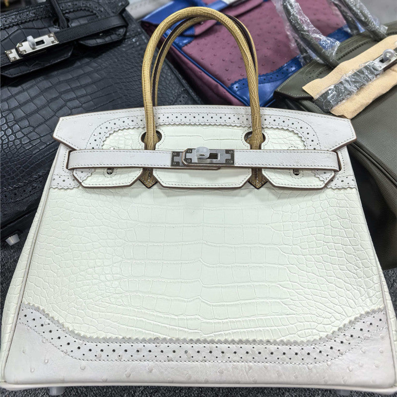 Premium Croc-Effect & Ostrich-Effect Birkin-Inspired Tote Bag for Women, Genuine Leather Large Capacity Business Handbag with Versatile Shoulder Crossbody Carry
