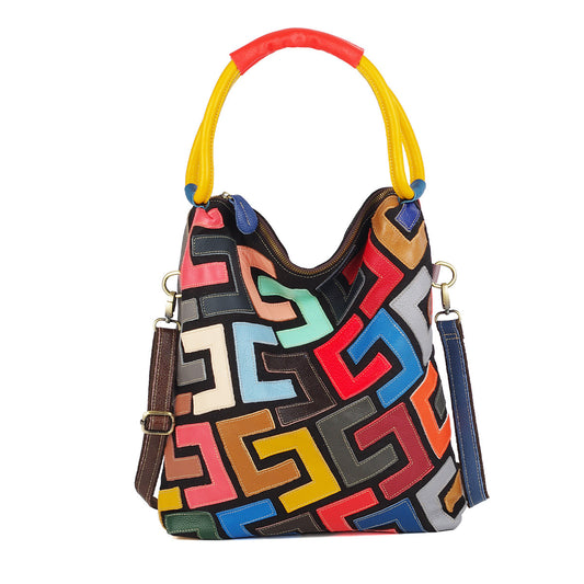 New Handmade Color Block Geometric Patchwork Cowhide Bag, Colorful Shoulder Crossbody Tote Purse, Stylish Handbag for Women