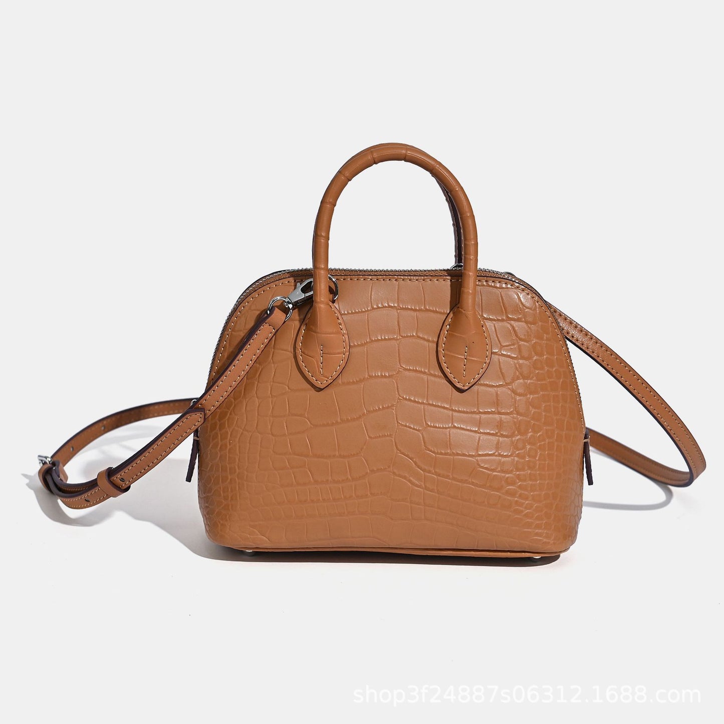 New Arrival Croc-Effect Genuine Leather Bowling Shell Bag for Women, A Mini Top-Handle Crossbody Commuter Handbag with Trendy Versatile Design