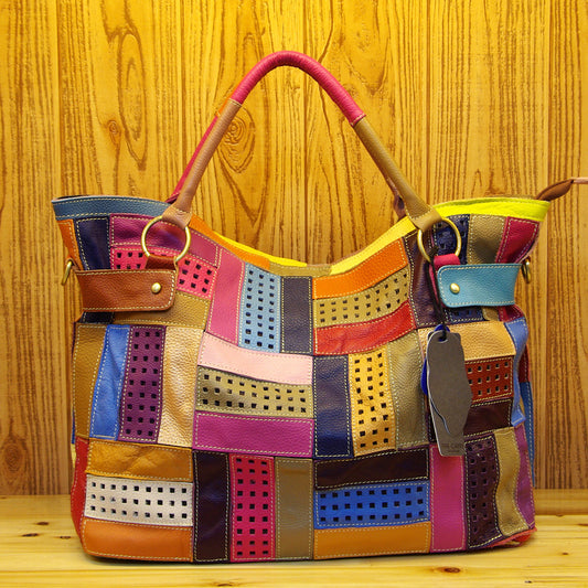 Genuine Top Layer Cowhide Color Block Patchwork Tote Bag for Women, New Arrival Unique Design Large Capacity Top Handle Crossbody Handbag, Trendy Casual Purse for Ladies