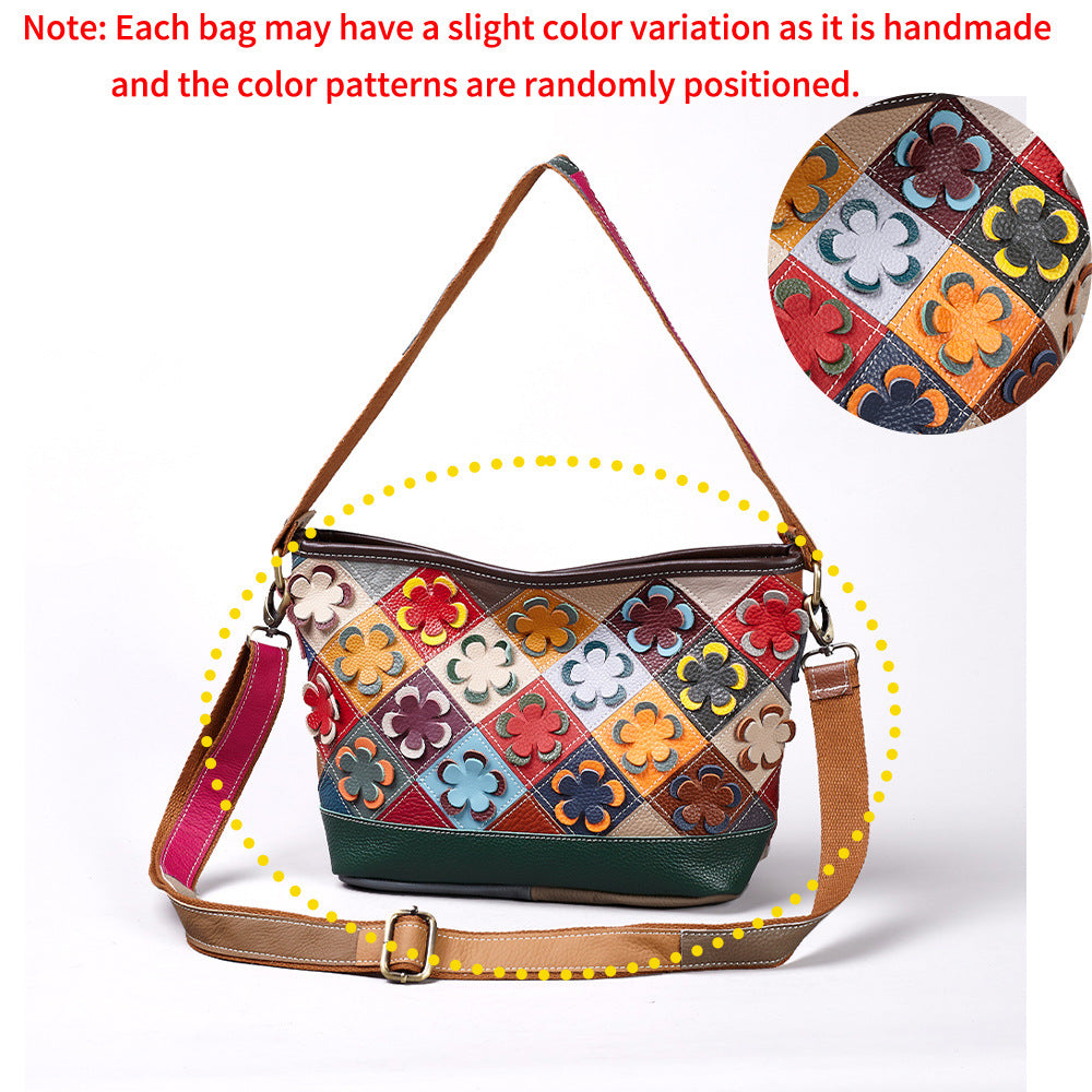 Genuine Cowhide Handmade Patchwork Diamond Quilted Floral Handbag for Women, New Arrival Top Handle Crossbody Purse, Trendy Casual Bag for Ladies