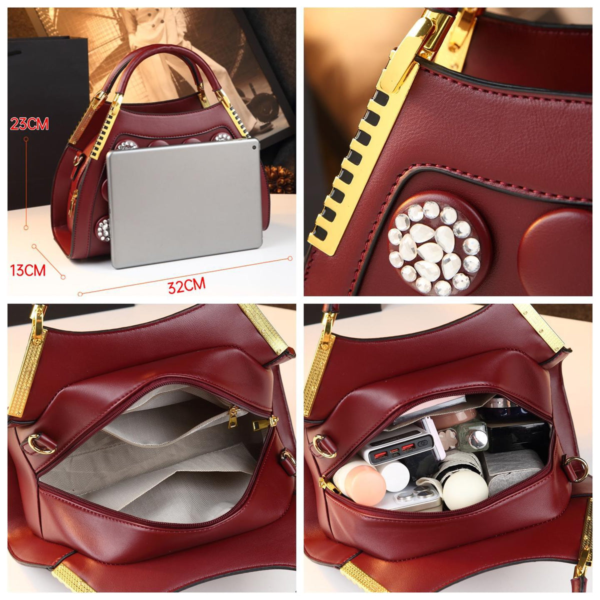 Chic Rhinestone-Embellished Genuine Leather Handbag for Women, An Elegant Banquet Purse with Stylish Design, Perfect for Middle-Aged Moms & Special Occasions