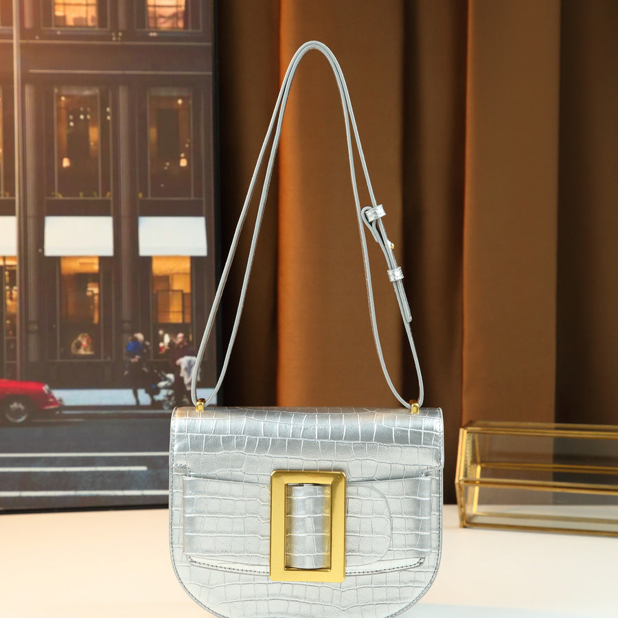 Chic Vintage Croc-Effect Saddle Bag for Women, A Light Luxury Square Buckle Embossed Shoulder Crossbody Handbag with Textured Premium Design