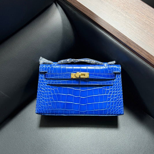 Genuine Top Layer Cowhide Crocodile-Embossed Kelly-Style 22cm Bag for Women, Hand-Stitched Waxed Thread with Full Steel Hardware, Light Luxury Small Square Top Handle Purse for Ladies