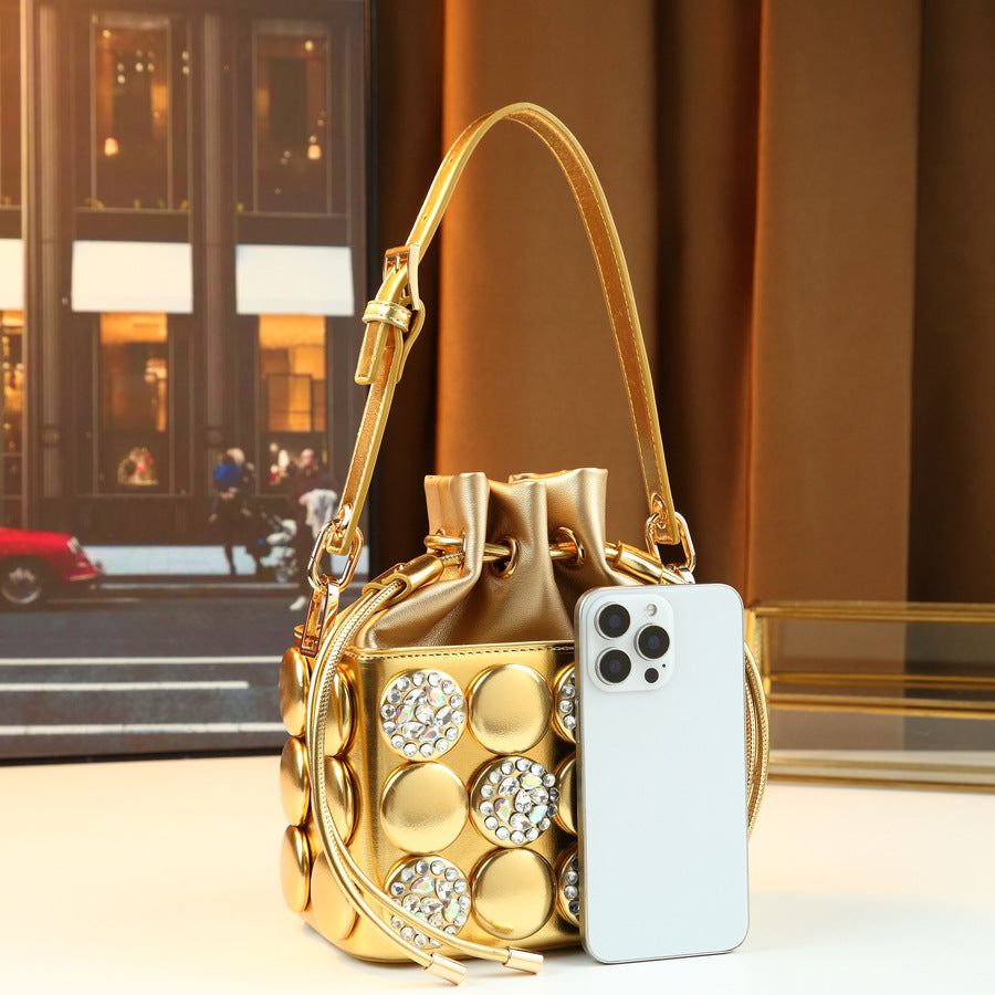 Rhinestone Button Cylinder Bag for Women Handmade Embellished Drawstring Shoulder Crossbody Purse, Unique Sparkling Design with Personality Style