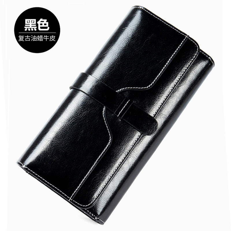 Genuine Cowhide Long Tri-Fold Wallet for Women, Snap Button Multi-Card Large Capacity Clutch Purse, Premium Leather Money Holder for Ladies